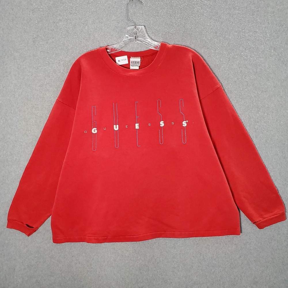 VINTAGE Guess By Georges Marciano Women Sweater OS Red Logo Graphic 80s USA READ